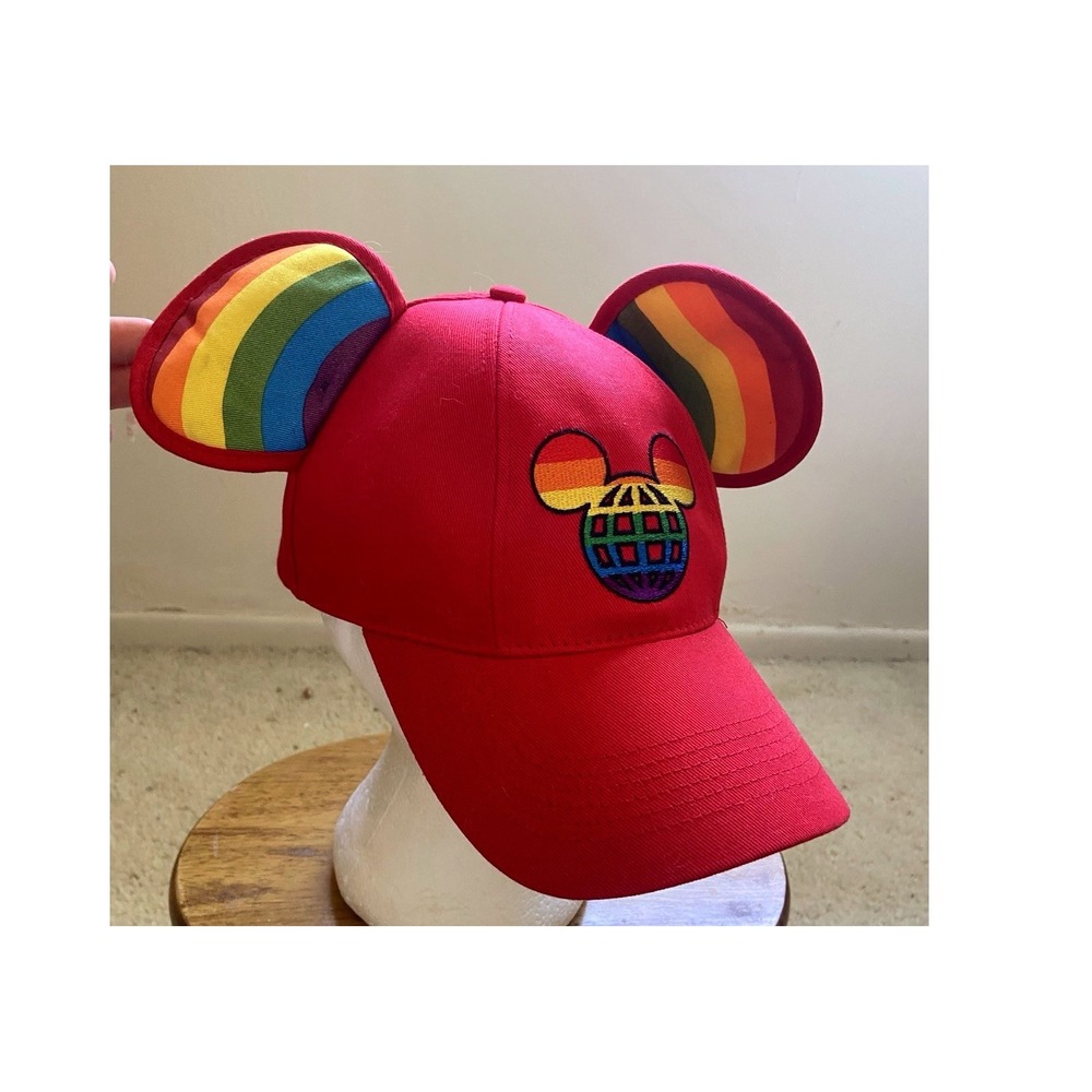 Walt DisneyWorld Rainbow Mickey Mouse Ears Baseball Cap Red Pride Hat Adjustable